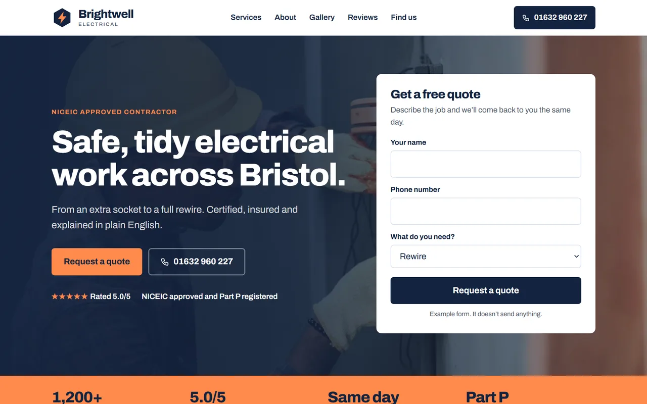 Example electrician website design for Brightwell Electrical, shown on a desktop screen
