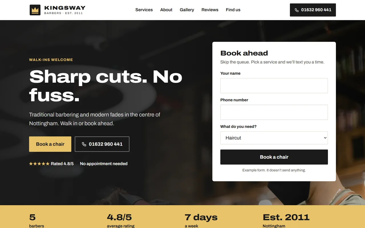 Example barber website design for Kingsway Barbers, shown on a desktop screen