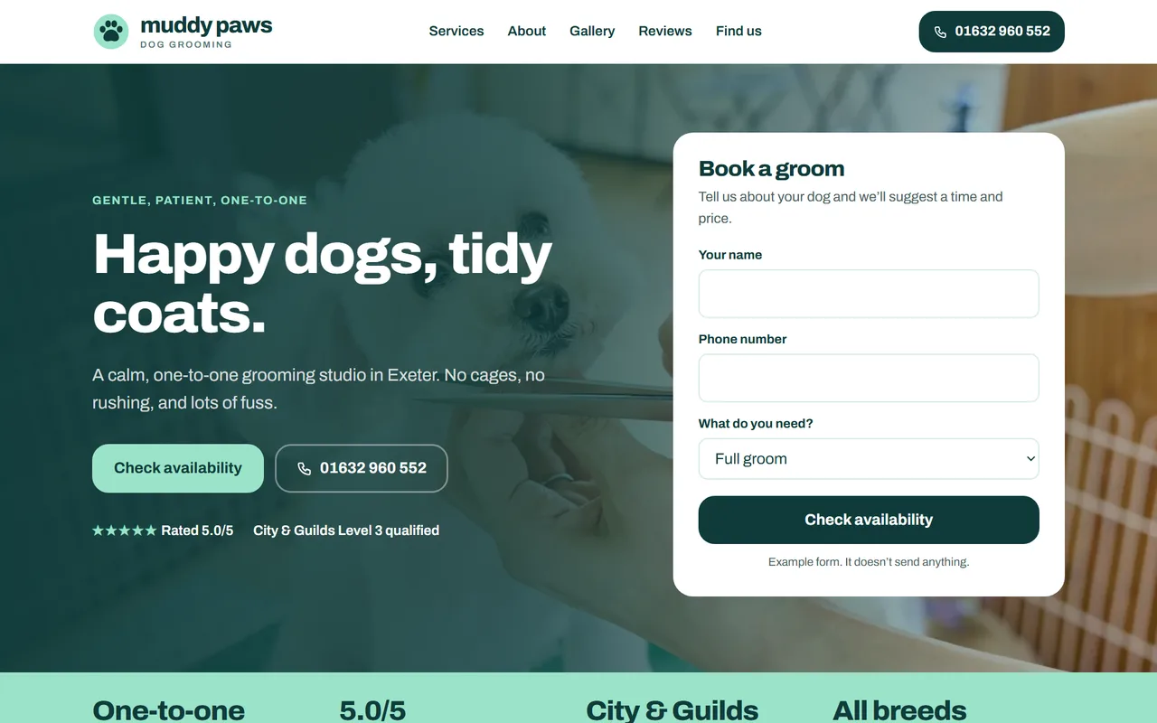 Example dog groomer website design for Muddy Paws Grooming, shown on a desktop screen