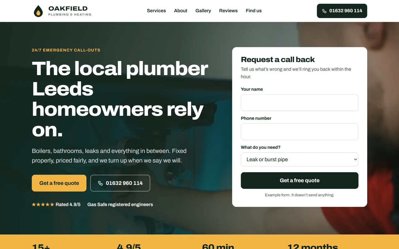 Example plumber website design for Oakfield Plumbing & Heating, shown on a desktop screen