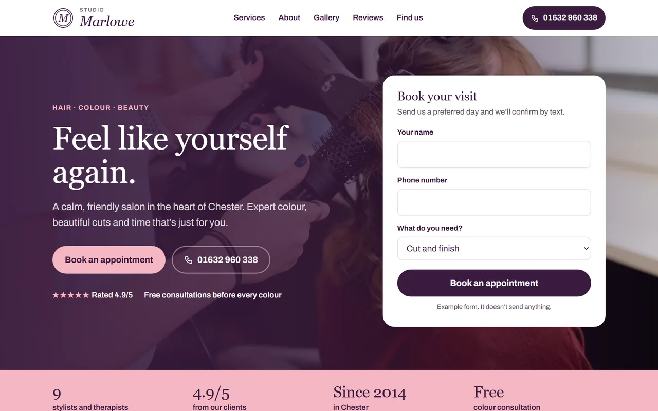 Example hair and beauty salon website design for Studio Marlowe, shown on a desktop screen