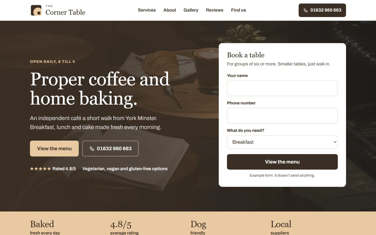 Example café website design for The Corner Table, shown on a desktop screen