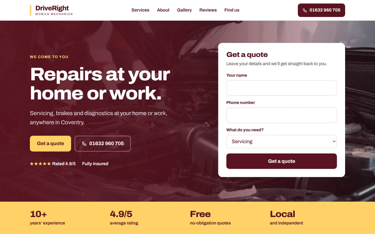 Example mobile mechanic website design by Digital Two