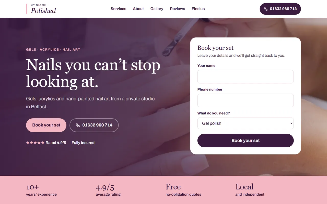 Example nail technician website design by Digital Two
