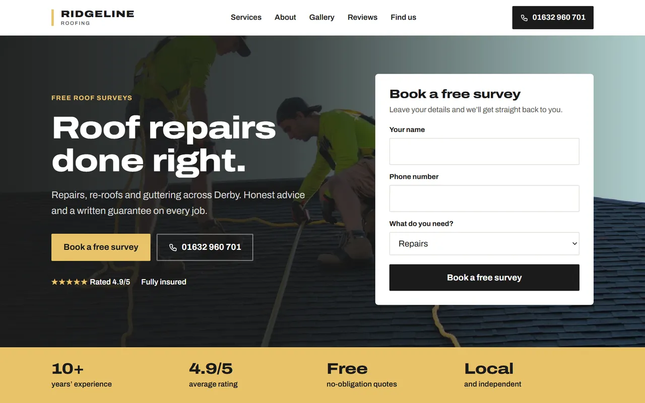 Example roofer website design by Digital Two