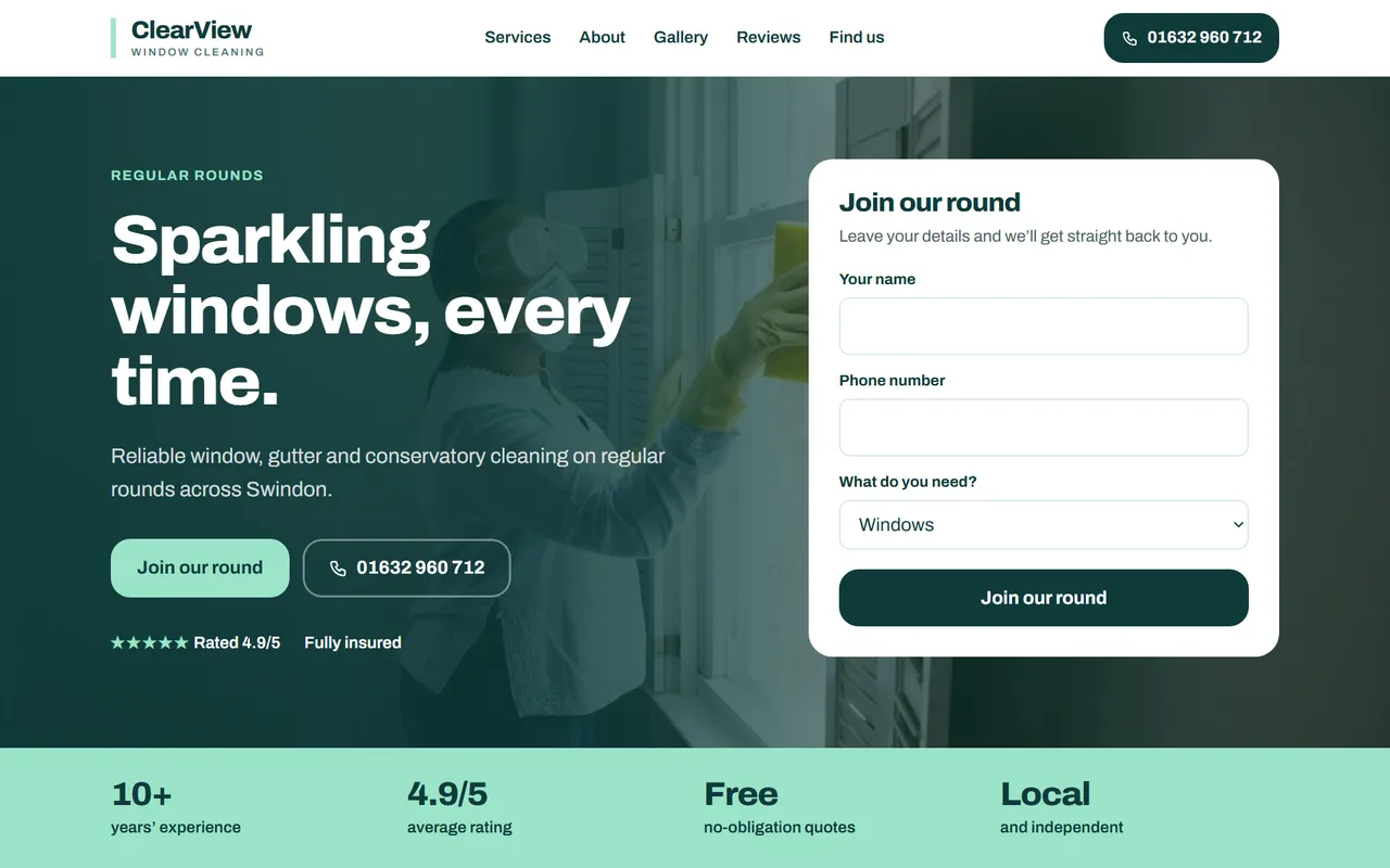Example window cleaner website design by Digital Two
